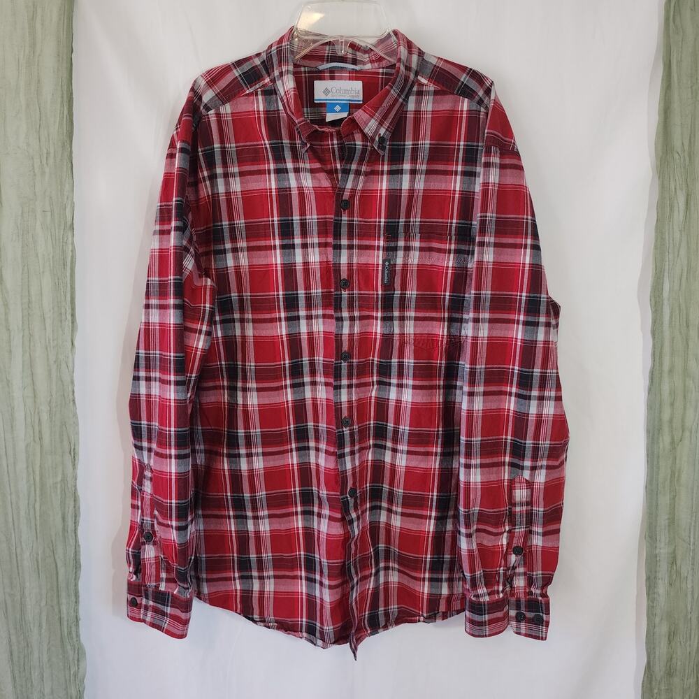 Columbia Red Black Plaid Long Sleeves Button Up Men's100% Cotton Shirt Size L